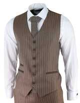Men's Oak Brown Pinstripe Herringbone Tweed 3 Piece Suit
