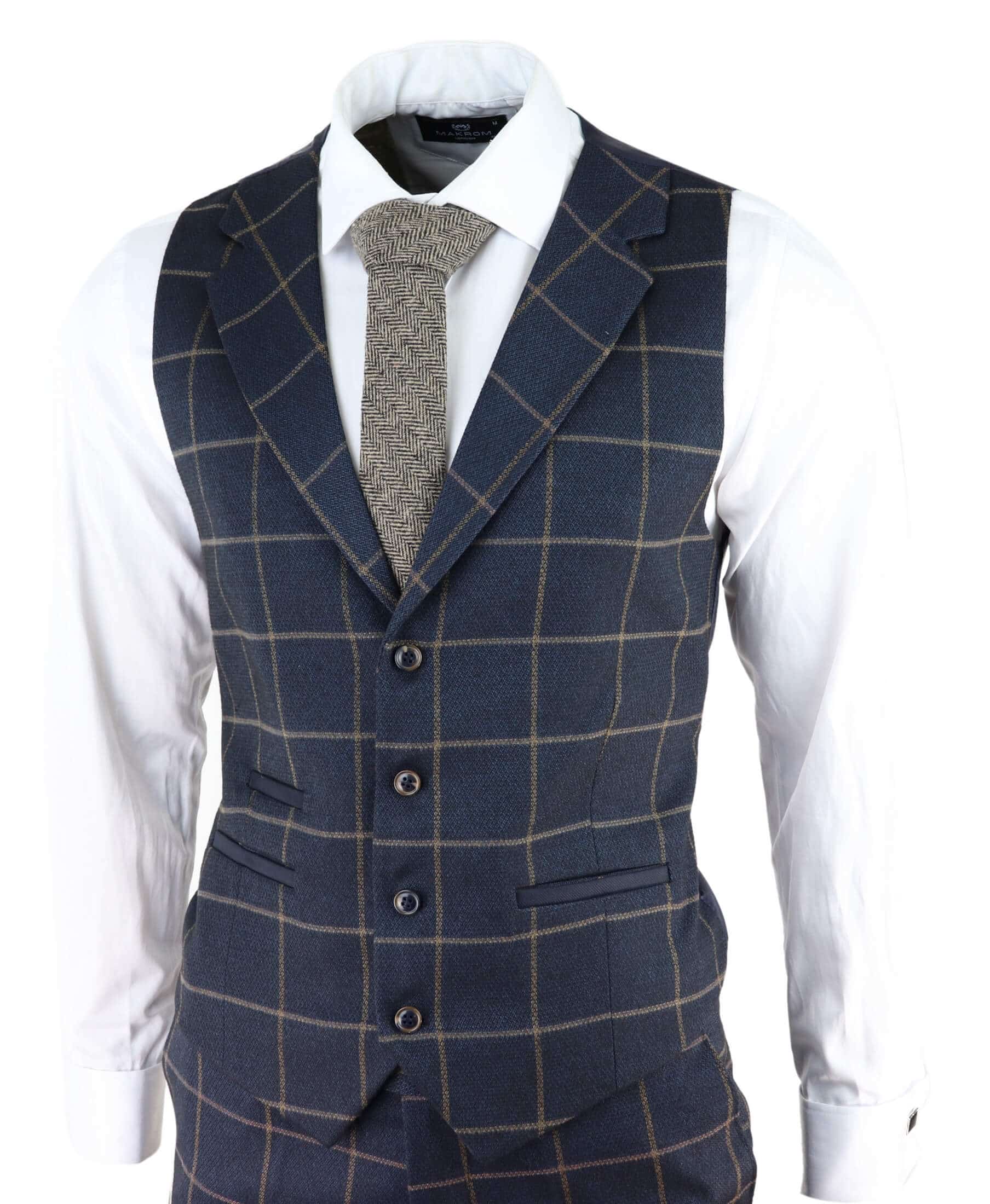 Men's Navy-Blue Windowpane Check 3 Piece Suit