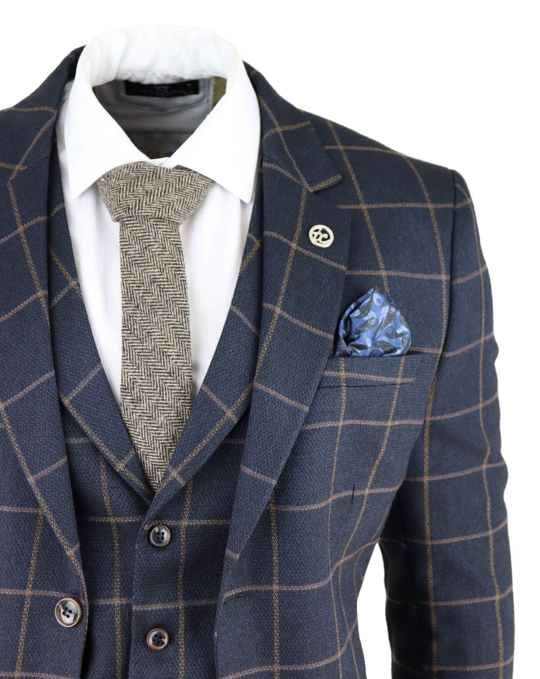 Men's Navy-Blue Windowpane Check 3 Piece Suit