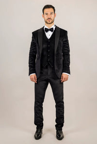 AK-26 Men's Black 3-Piece Velvet Wedding Tuxedo with Satin Lapels
