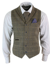 Cavani Albert - Mens Classic Tweed Herringbone Check Brown Grey Slim Fit Vintage Waistcoat Gilet-Tan