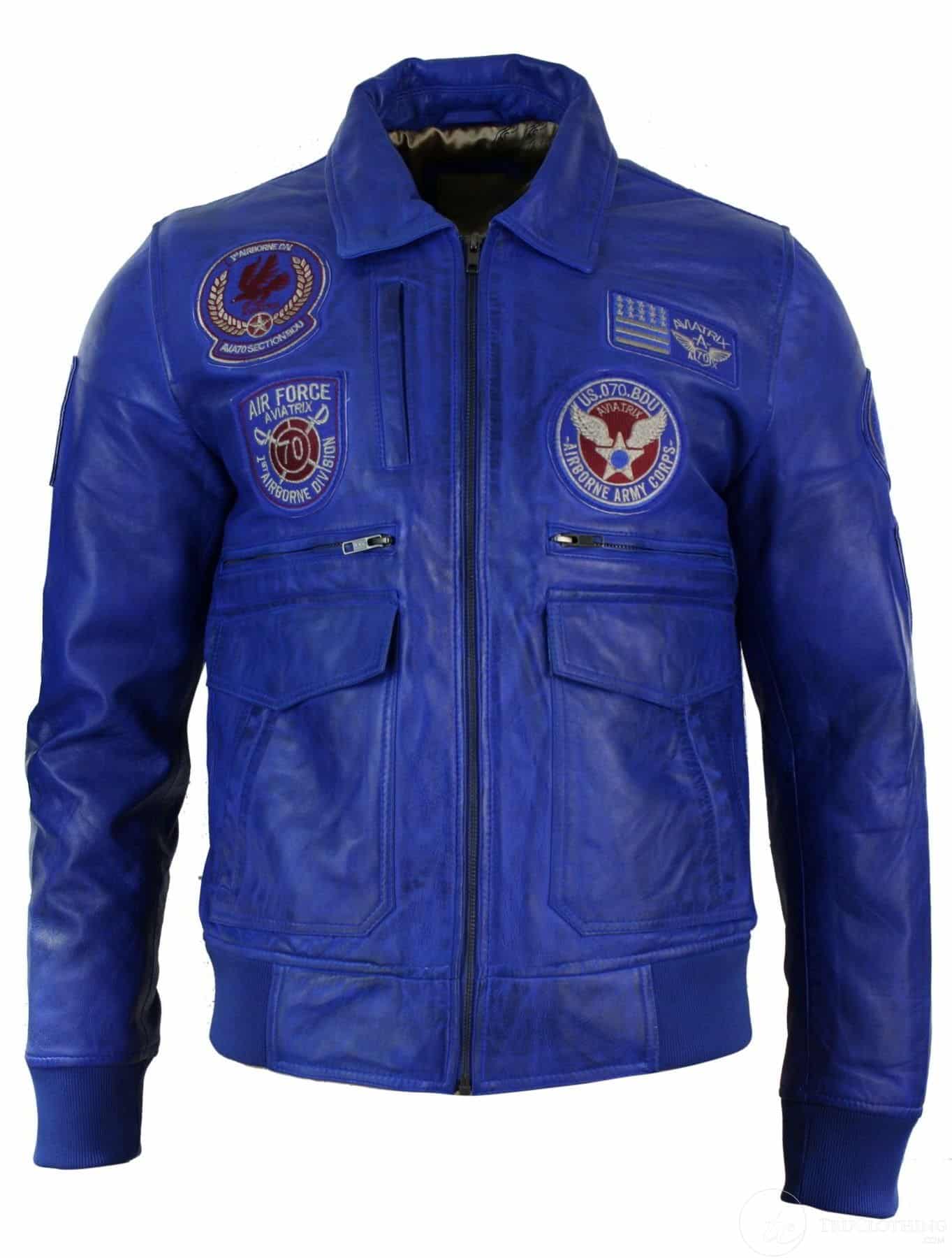 Mens Real Leather Black Bomber Badge Air Force Pilot Flying Jacket-Blue