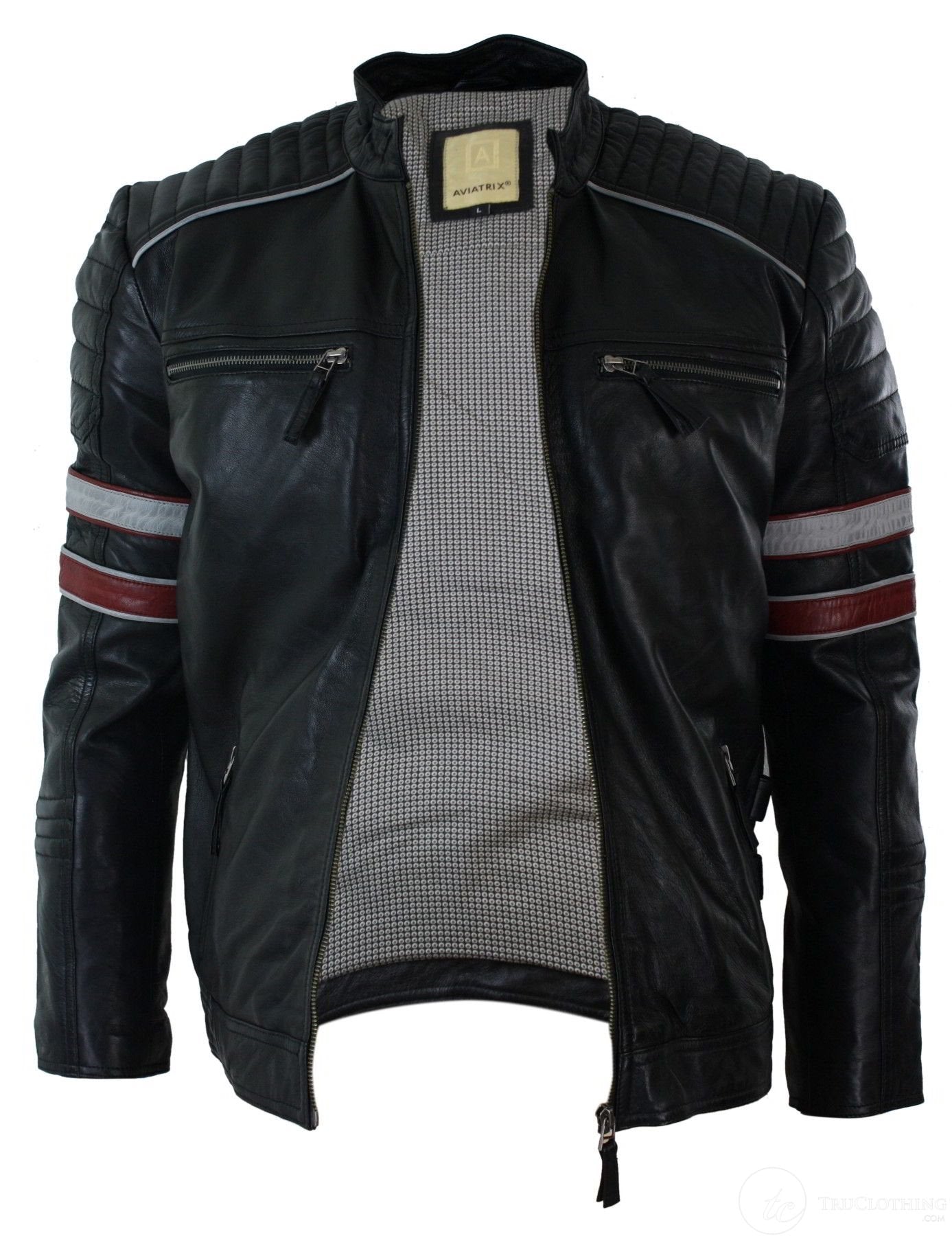 Real Leather Black Racing Mens Biker Jacket Red White Stripes Casual Fit