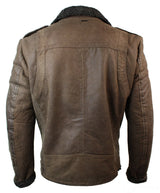 Mens Black Cross Zip Real Leather Biker Jacket Fleece Lined Fitted Smart Casual-Brown