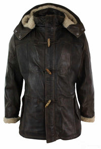 Mens Real Leather Hood Duffle Safari Jacket Long 3/4 Fur Washed Timber Brown Tan-Brown