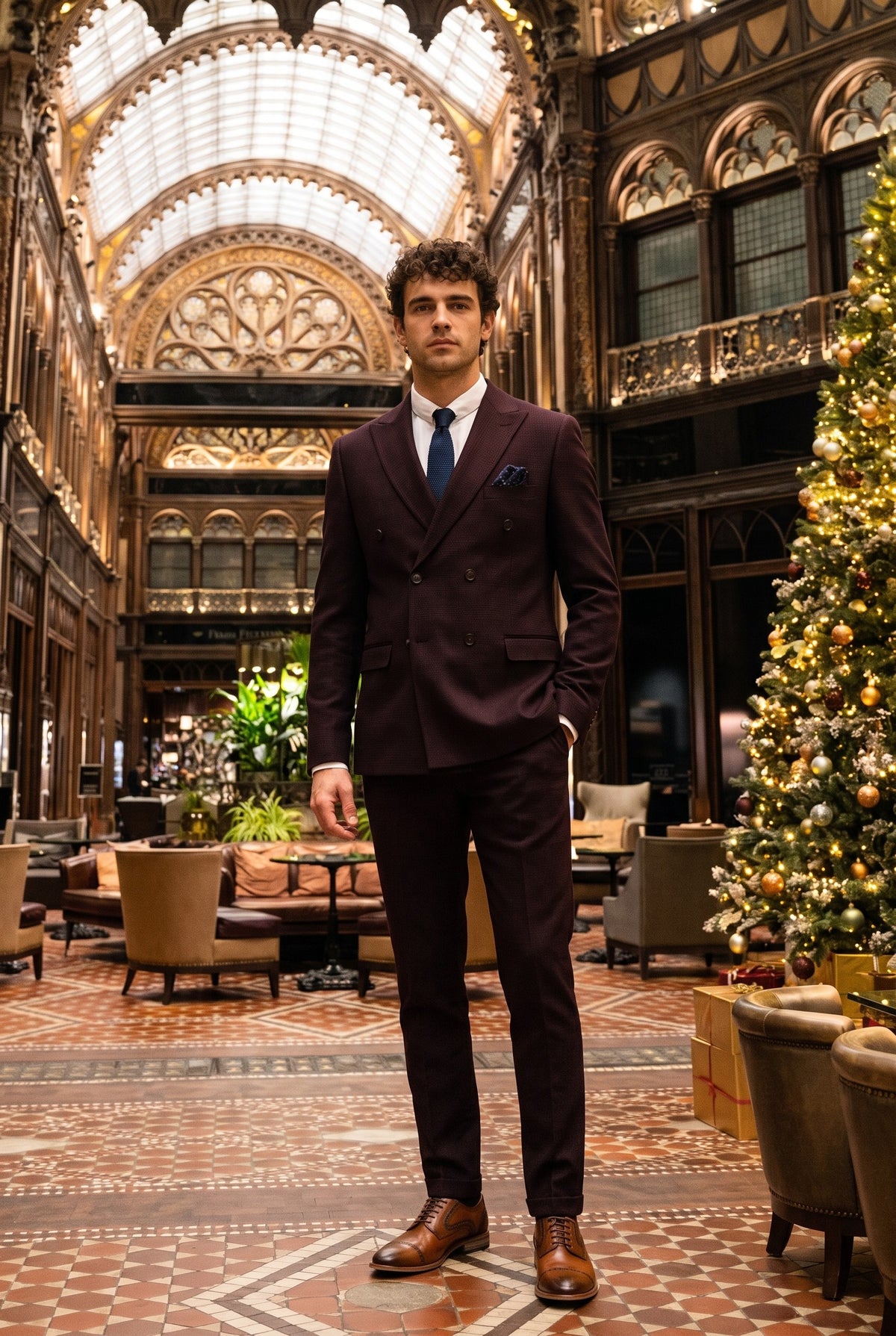 Look #581 styled with Regent - Pánský dvoudílný oblek s dvojitým zapínáním v vínové barvě