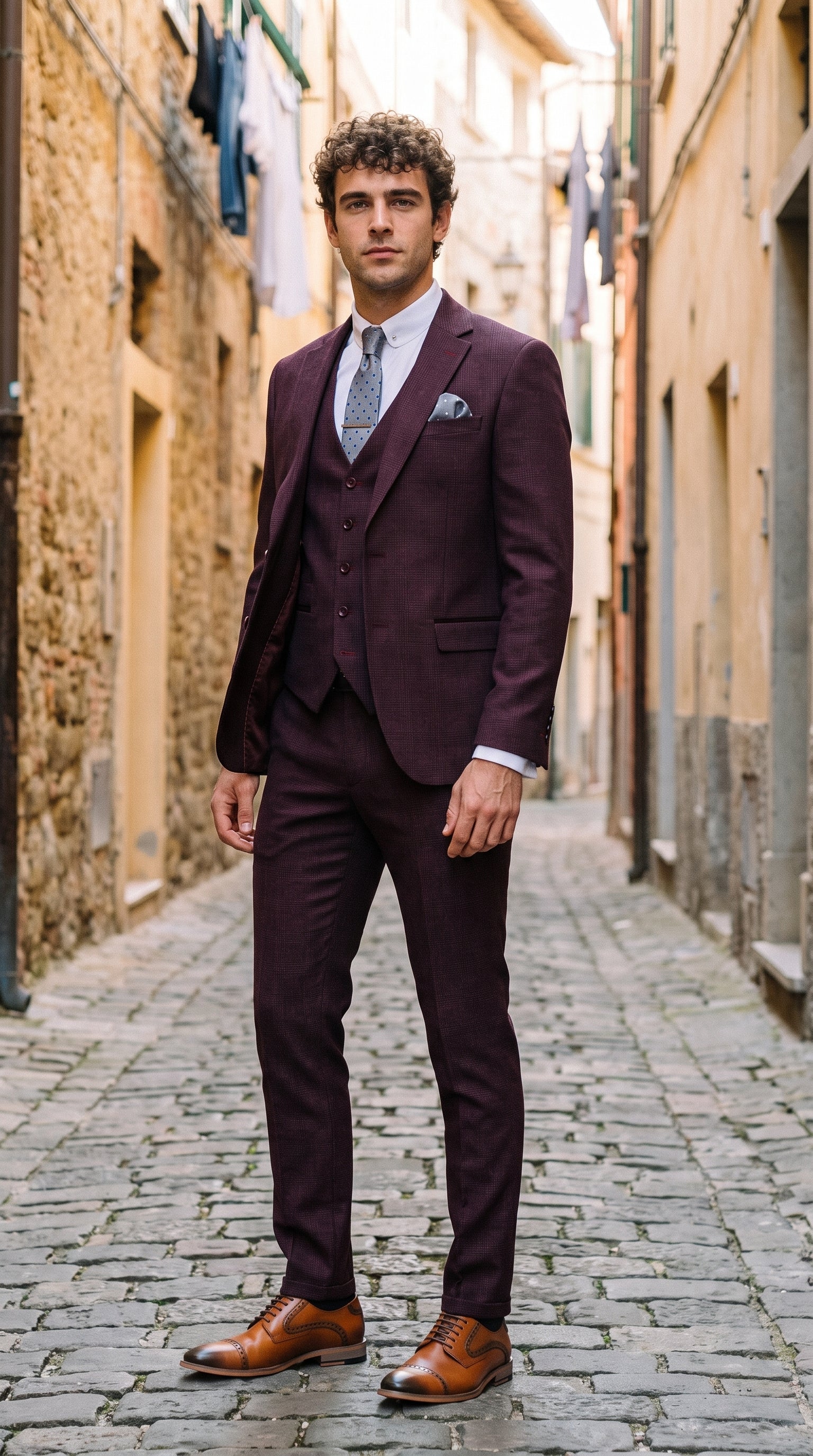 Look #310 styled with Regent - Pánský třídílný kostkovaný oblek s motivem prince z Walesu ve vínové barvě