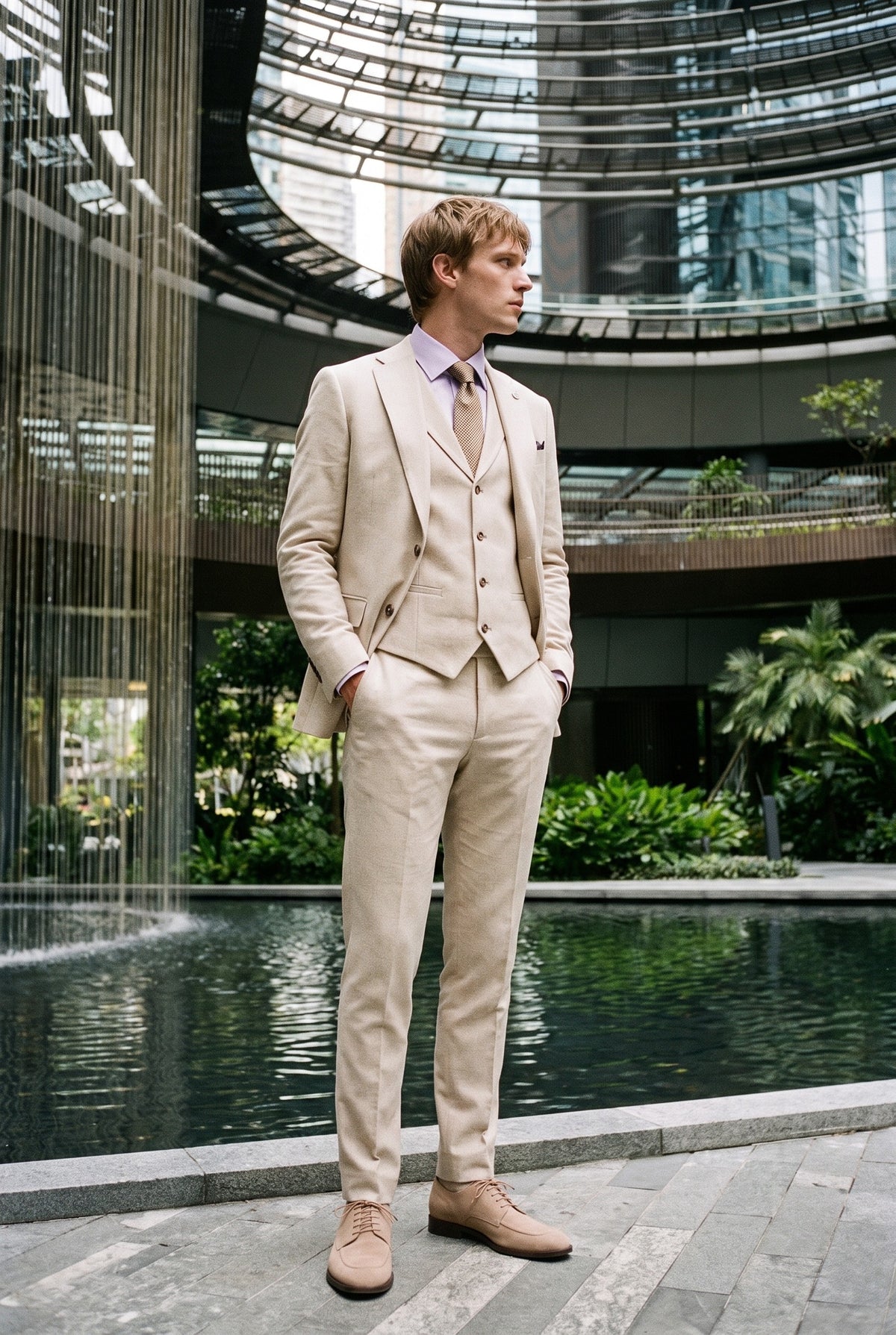 Look #948 styled with Pánský béžový třídílný lněný letní svatební oblek TP-21