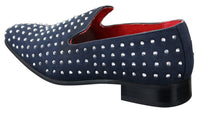 Mens Suede Slip On Loafers Shoes Stud Spikes Silver Smart Casual Shiny Party