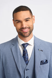 Pánský třídílný šedo-tmavomodrý kontrastní klasický letní kostkovaný oblek Baresi