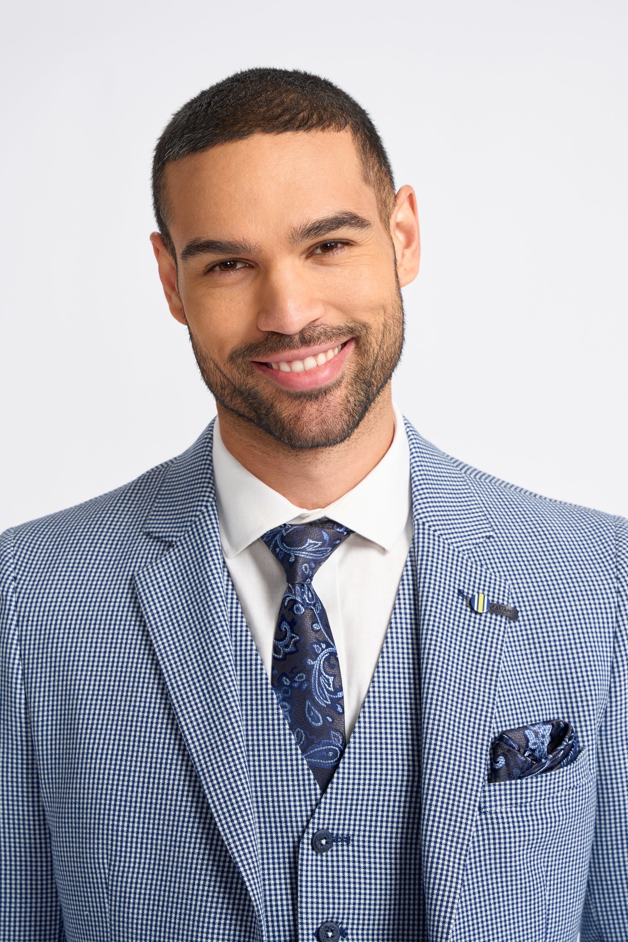 Pánský třídílný šedo-tmavomodrý kontrastní klasický letní kostkovaný oblek Baresi