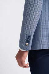 Pánský třídílný šedo-tmavomodrý kontrastní klasický letní kostkovaný oblek Baresi