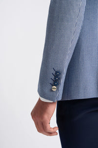 Pánský třídílný šedo-tmavomodrý kontrastní klasický letní kostkovaný oblek Baresi