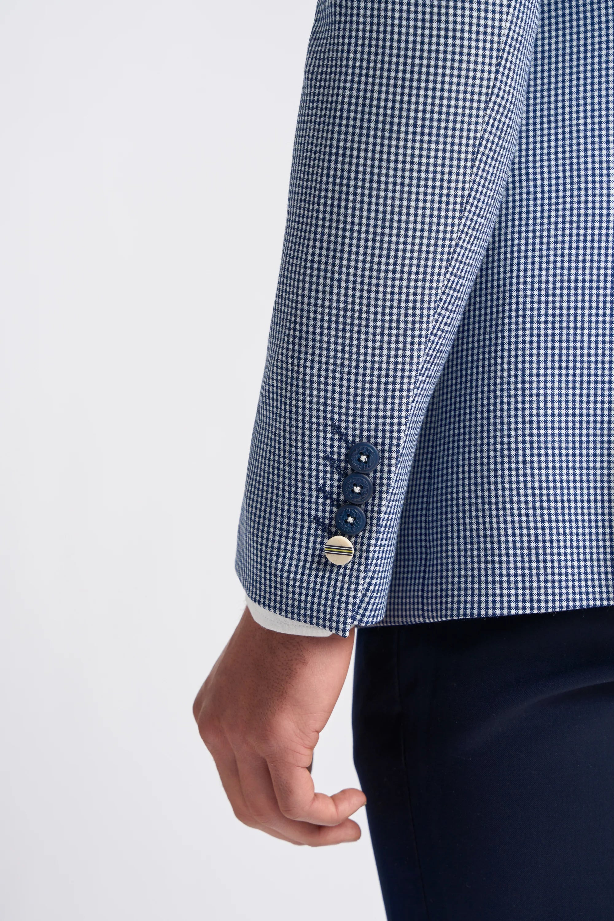 Pánský třídílný šedo-tmavomodrý kontrastní klasický letní kostkovaný oblek Baresi