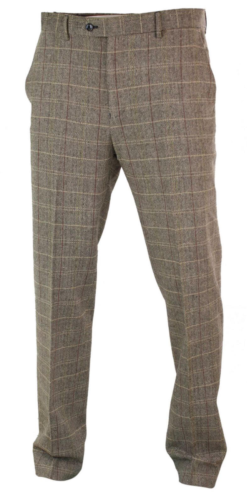 Mens Herringbone Tweed Check Peaky Blinders Trousers Wool Vintage Classic