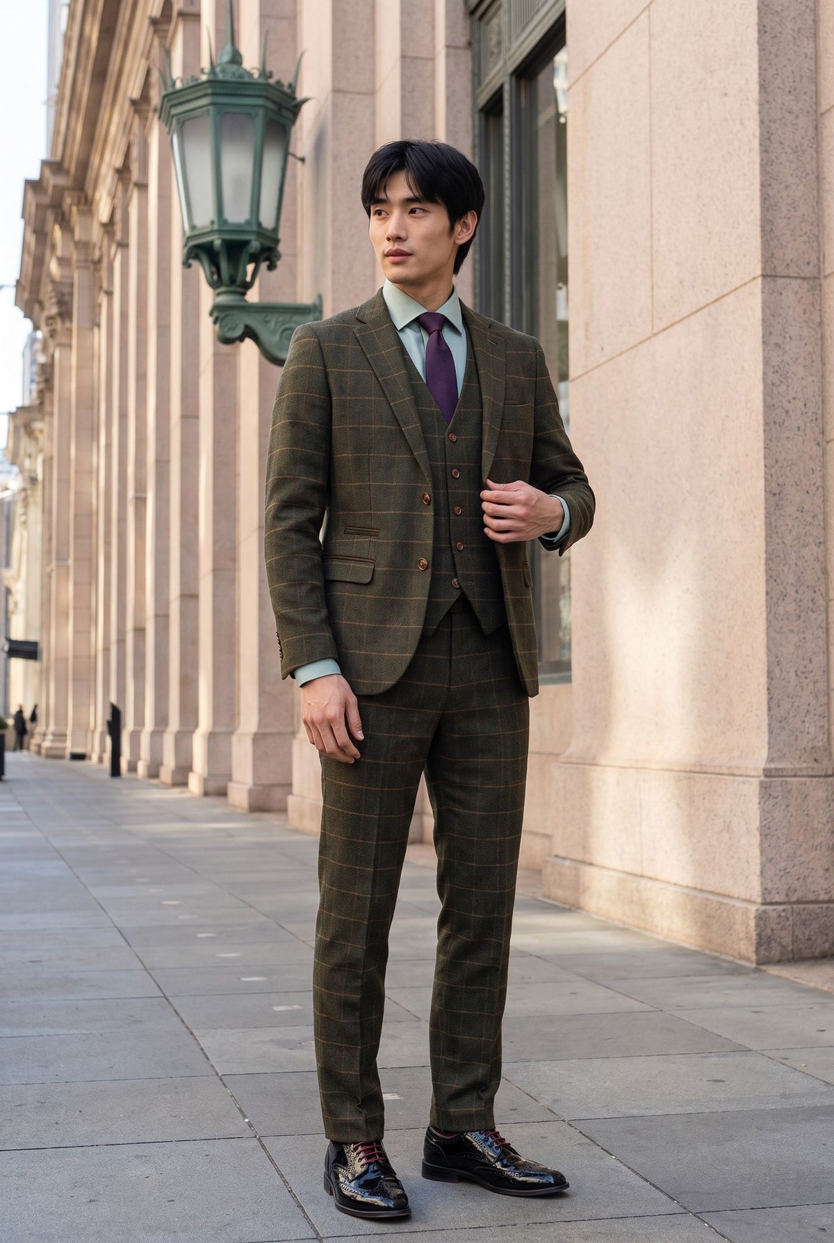 Look #509 styled with Harris - Pánský zelený třídílný tvídový oblek z vlněné směsi