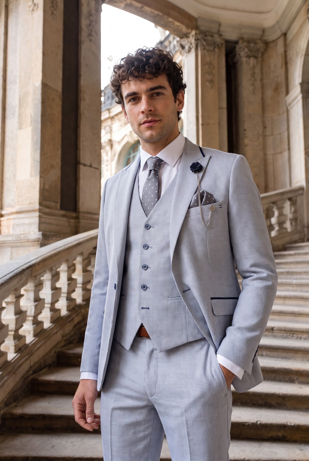 Look #950 styled with Pánský třídílný kostkovaný tvídový oblek, světle modrý, padnoucí, svatební, Peaky Classic