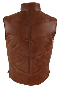 Mens Real Leather Waistcoat Gilet Quilted Puffer Design Warm Zip Casual Tan