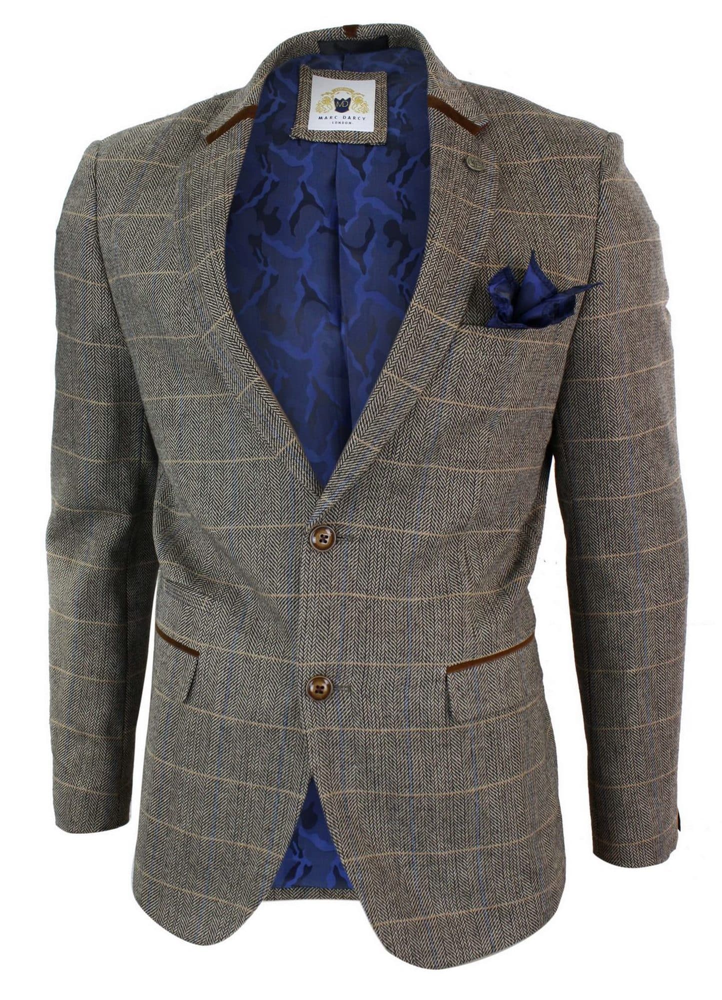 Mens Herringbone Tweed Marc Darcy Tan Brown Slim Fit 2 Button Blazer Check Jacket