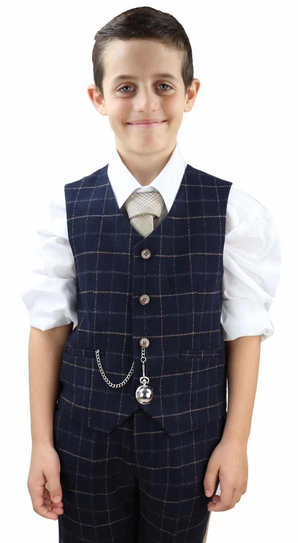 Boys Navy-Blue Check 3 Piece Suit - Peaky Blinders Suit Shelby