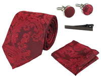 Paisley Neck Red Tie Gift Set Pocket Square Cuff Links Tie Floral Satin