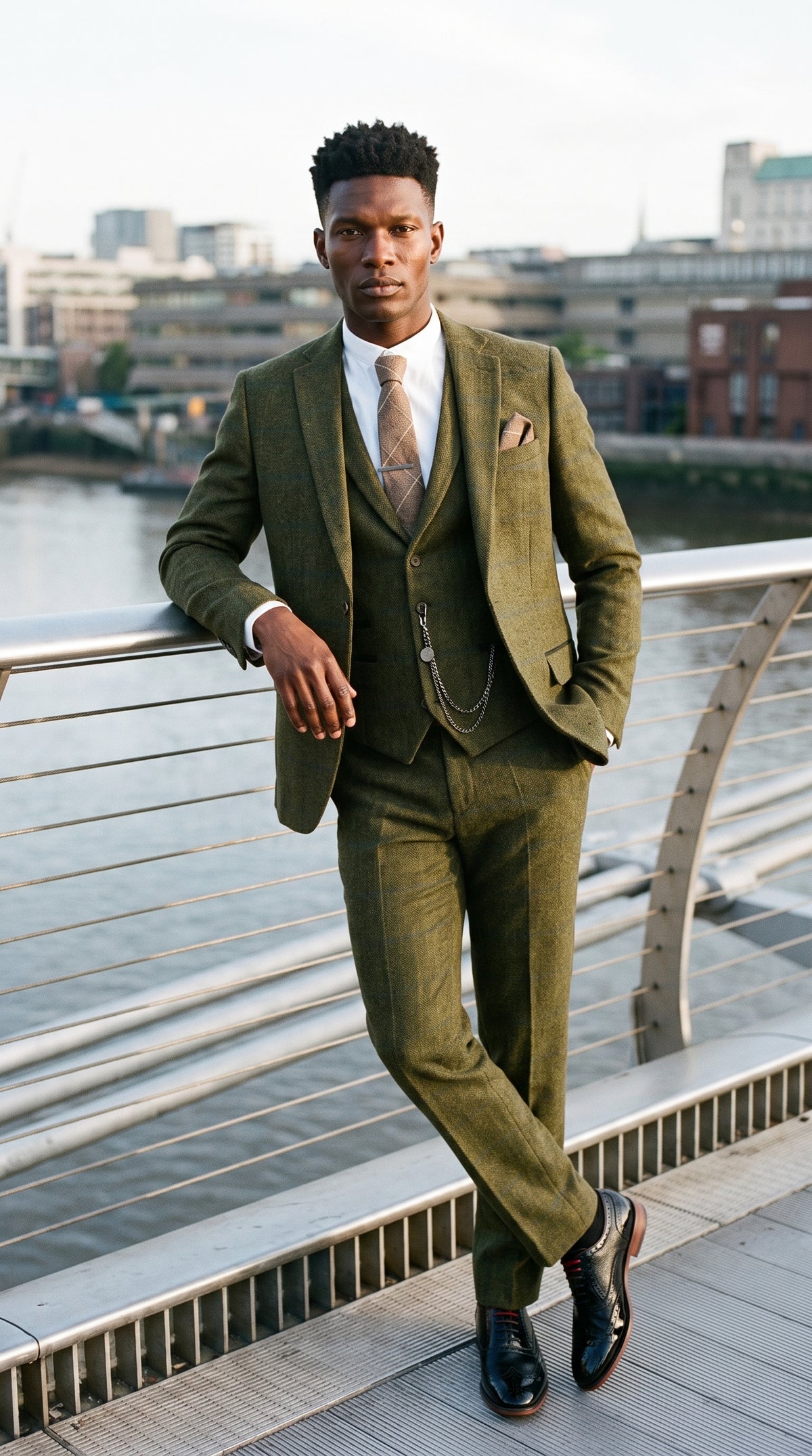 Look #715 styled with Pánský třídílný oblek z vlněného tvídu, zelený, modrý, hnědý, kostkovaný, Gatsby z 20. let