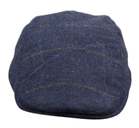 Cavani Kempson Flat Cap - Mens Tweed Wool Check Grandad Hat Vintage - Olive Green/Navy Blue