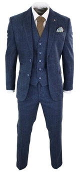 Cavani Carnegi - Mens 3 Piece Navy Blue Tweed Check 1920's Vintage Suit