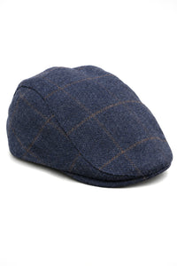 Cavani Kempson Flat Cap - Pánský tvídový vlněný kostkovaný klobouk Grandad Hat Vintage - Olivově zelený/Tmavě modrý