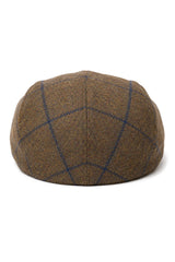 Cavani Kempson Flat Cap - Pánský tvídový vlněný kostkovaný klobouk Grandad Hat Vintage - Olivově zelený/Tmavě modrý