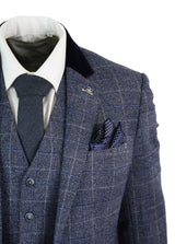 Cavani Miles - Mens Blue Navy 3 Piece Tweed Suit Herringbone Vintage Peaky Blinders 1920's Retro