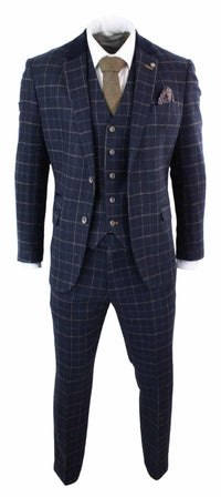Cavani Shelby - Mens Navy Blue 3 Piece Herringbone Check Suit Vintage Retro Peaky Blinders Tweed