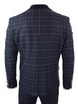 Cavani Shelby - Mens Navy Blue 3 Piece Herringbone Check Suit Vintage Retro Peaky Blinders Tweed