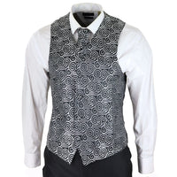 Men's Black 3-Piece Wedding Suit with Silver Cravat and Embellished Waistcoat