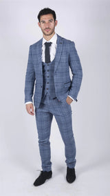 Mens Marc Darcy Light Blue Navy Check 3 Piece suit Smart Casual Tweed Slim Fit Clinton