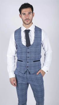 Mens Marc Darcy Light Blue Navy Check Waistcoat Smart Casual Tweed Slim Fit Clinton