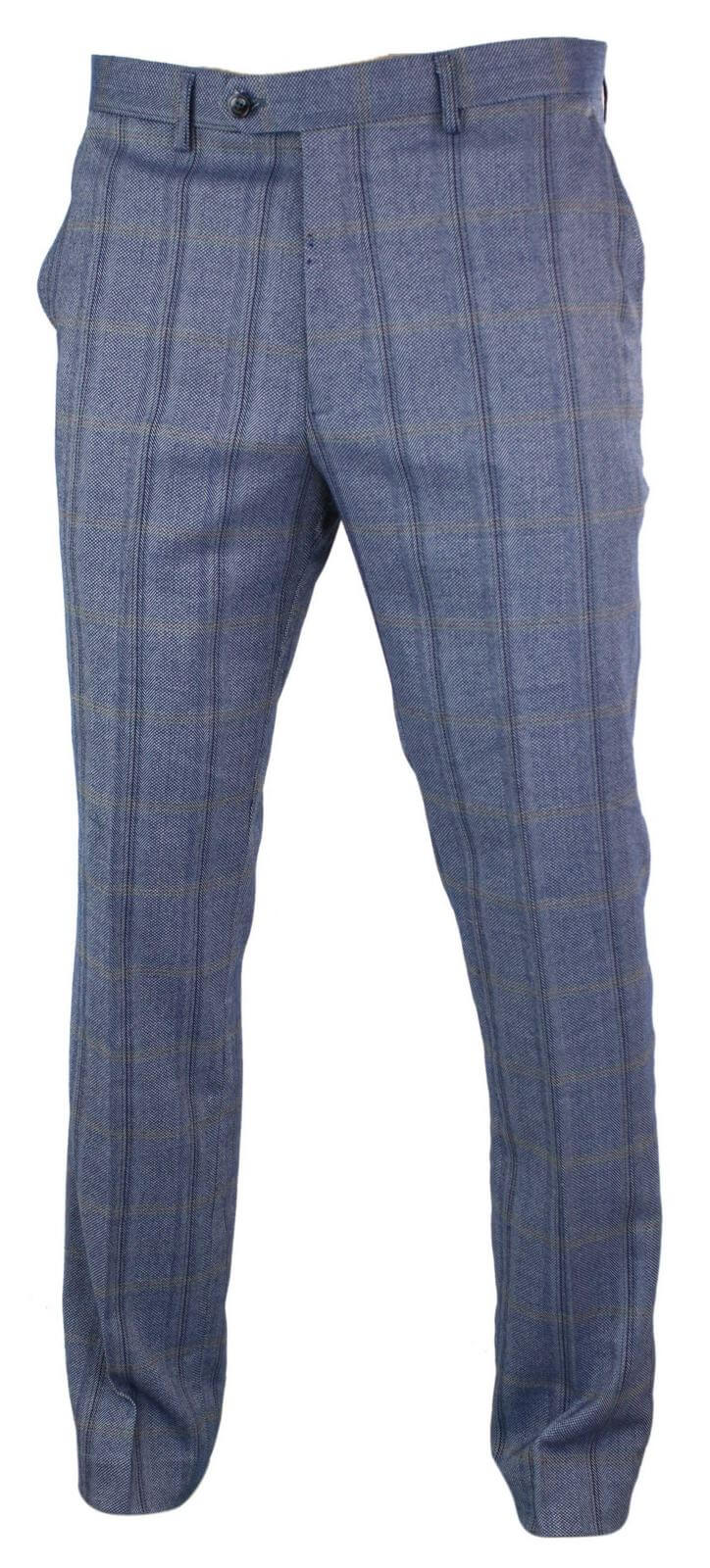 Cavani Connall - Mens Classic Tweed Check Vintage Trousers - Blue