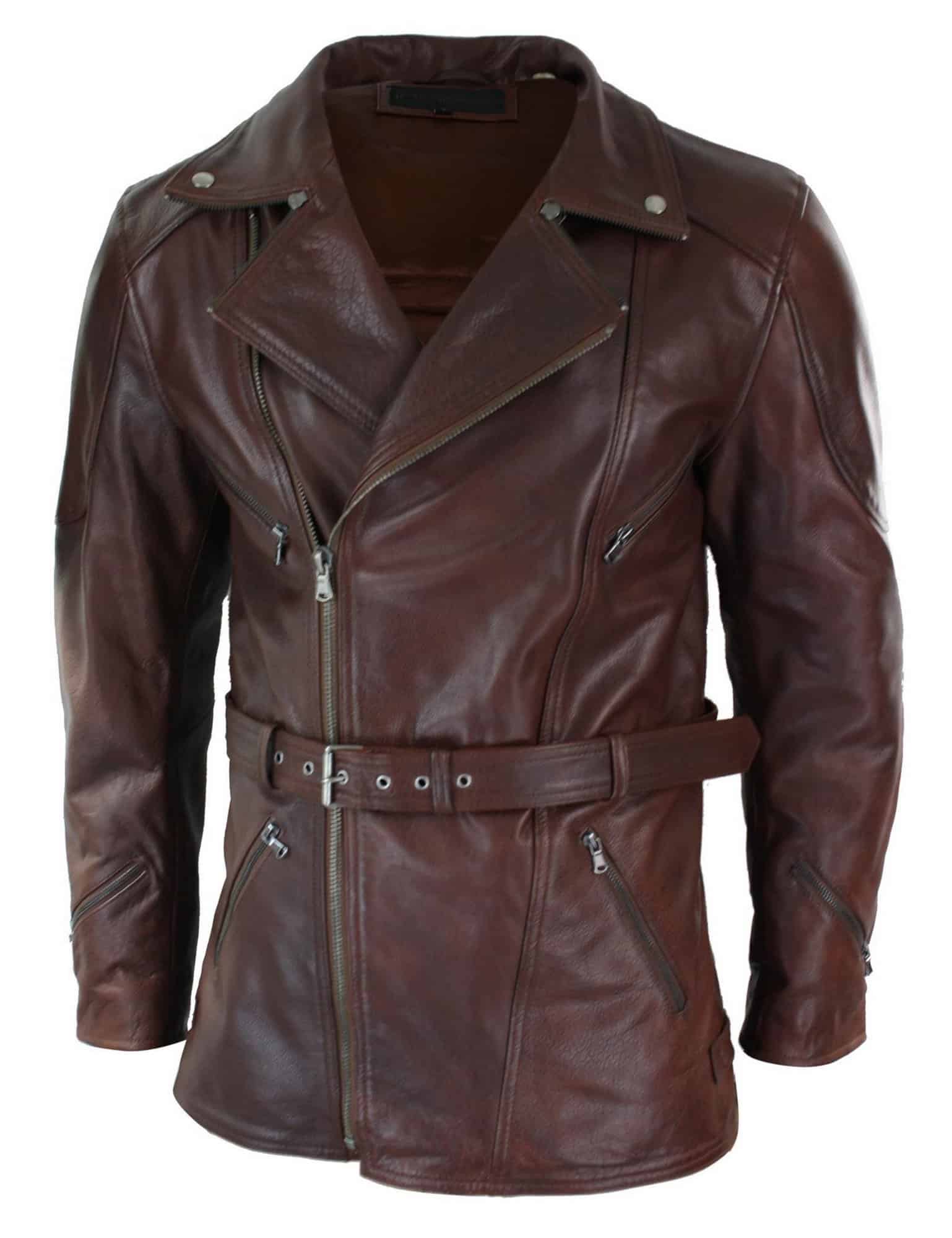 Mens Cross Zip Belted Timber Brown 3/4 Motorcycle Biker Long Leather Jacket CE Armour