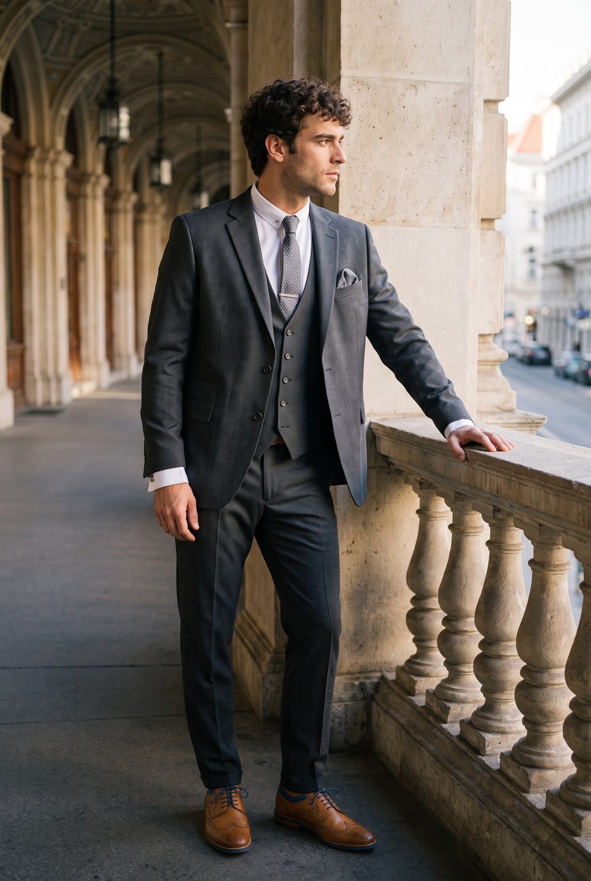 Look #272 styled with Pánský klasický antracitový oblek IM1, střih v hladké barvě