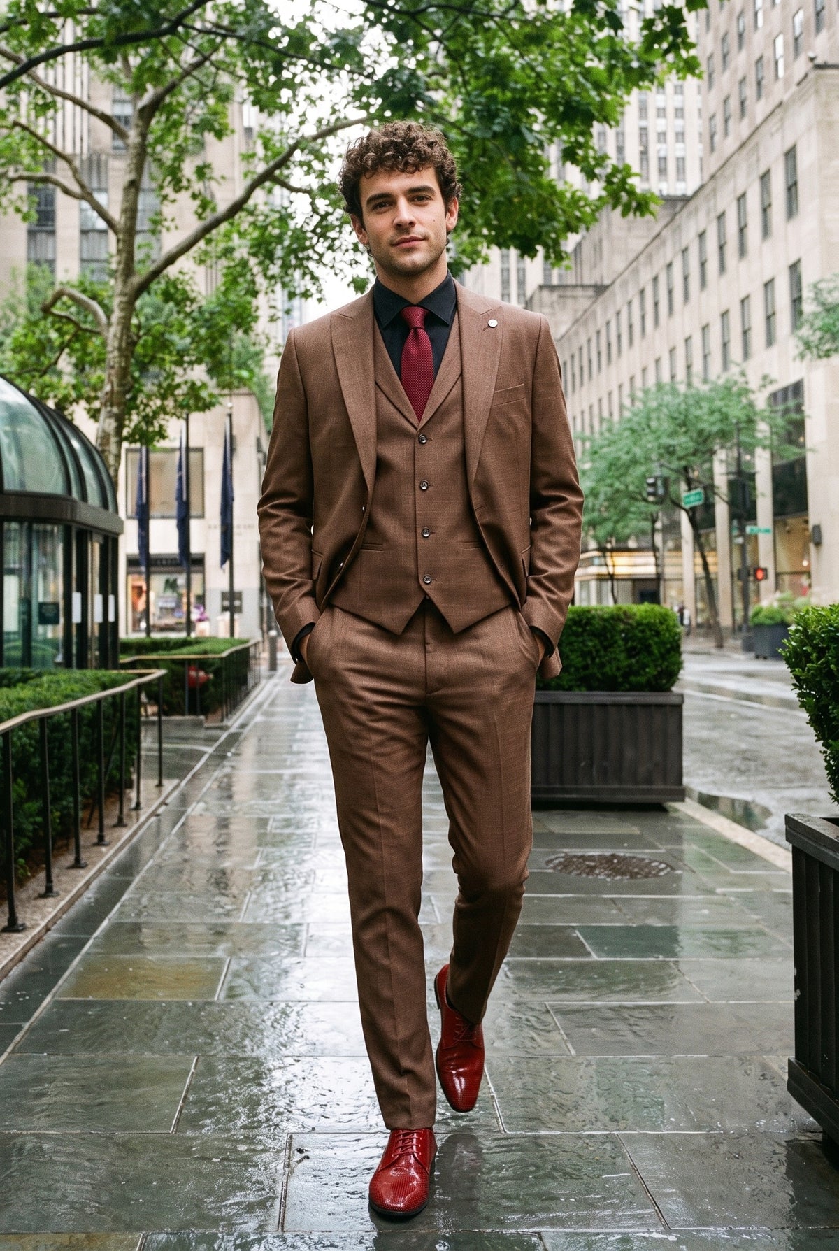 Look #284 styled with Pánský třídílný oblek James v hnědé barvě s klasickým střihem