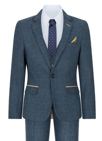 Boys Blue 3 Piece Herringbone Tweed Check Vintage Tailored Fit Suit