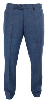 Dion - Men's Blue Herringbone Tweed Check Trousers