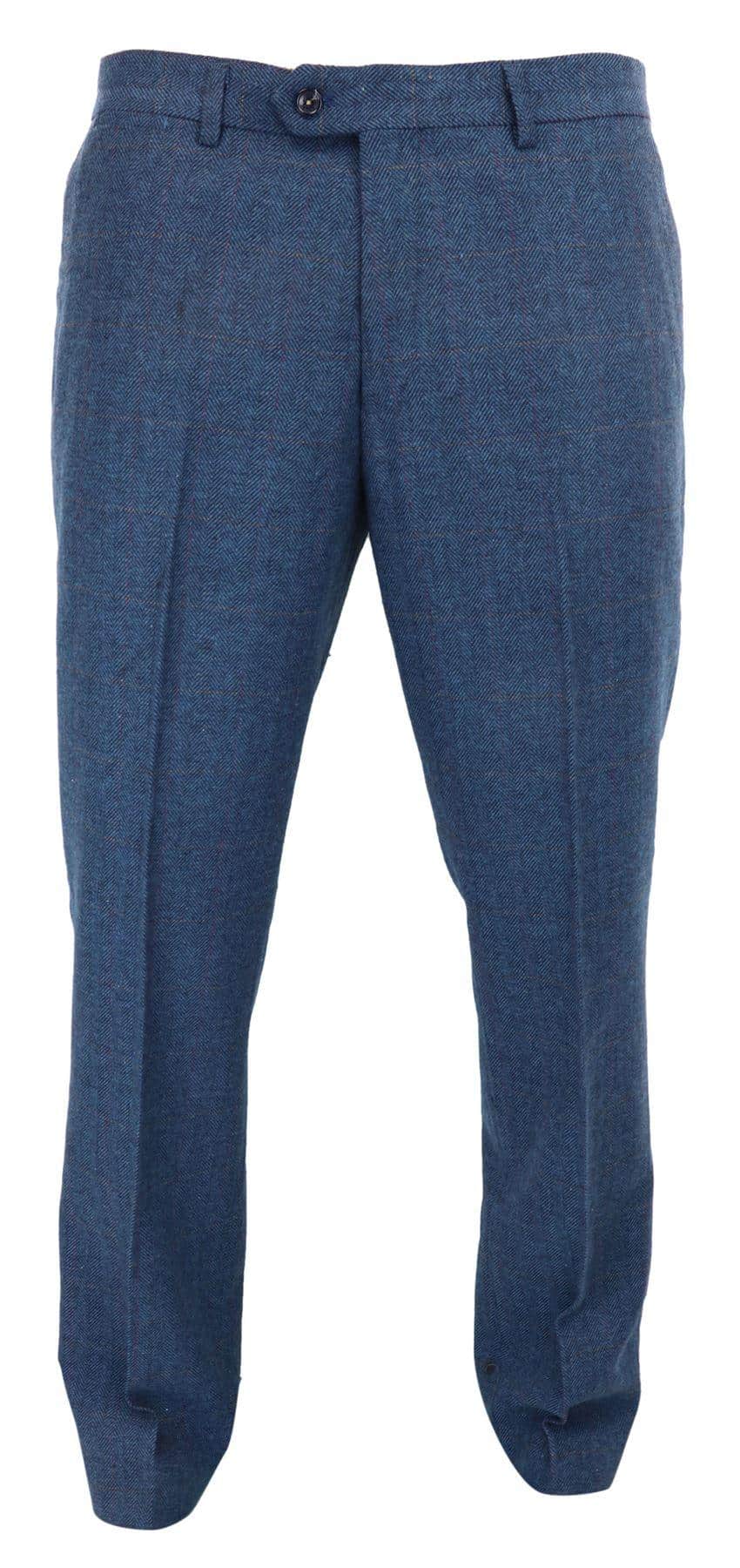 Dion - Men's Blue Herringbone Tweed Check Trousers
