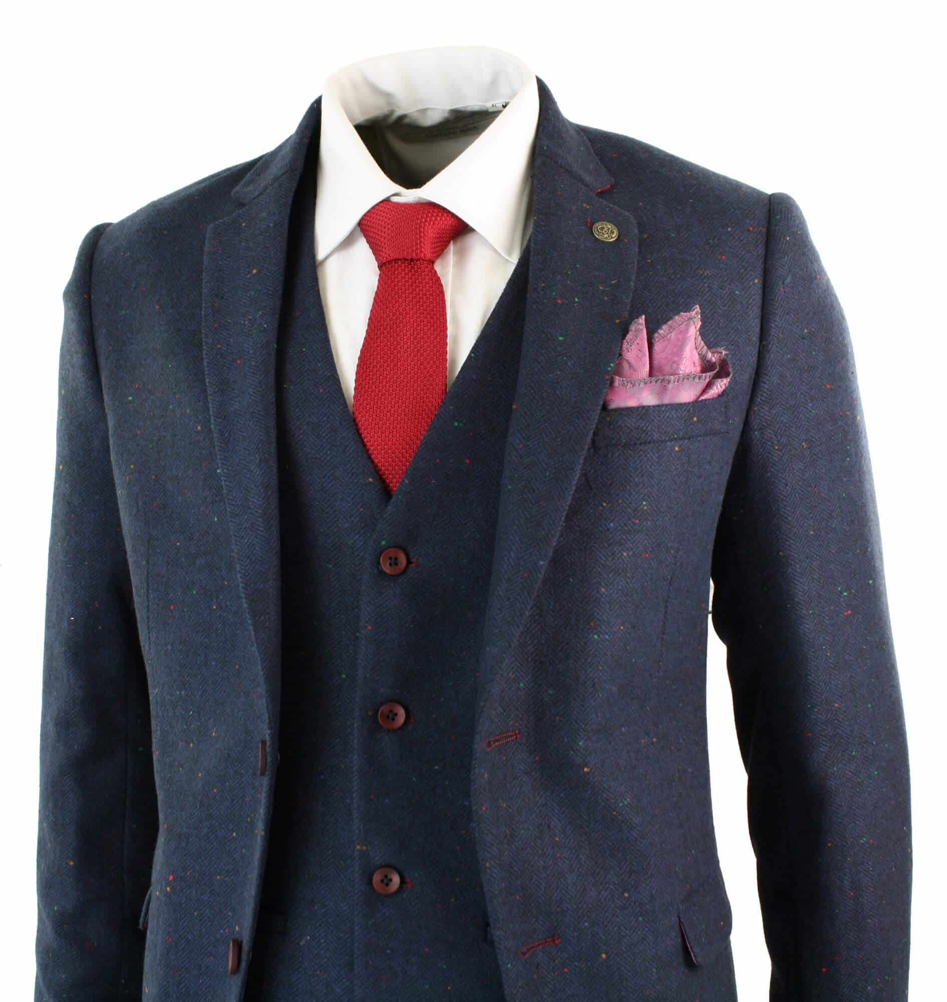 Men's 3 Piece Navy-Blue Slim Fit Suit with Wine Trim