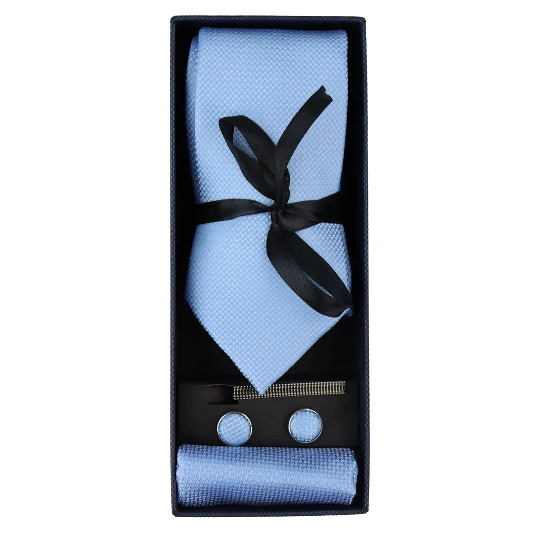 Diamond Neck Blue Tie Gift Set Pocket Square Cuff Links Pin Tie For Shirt Satin