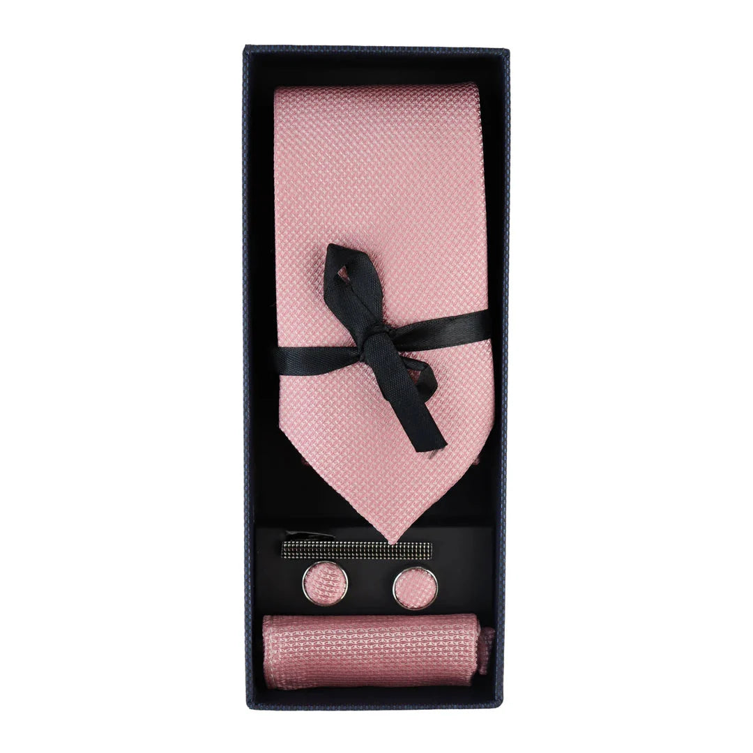 Diamond Neck Pink Tie Gift Set Pocket Square Cuff Links Pin Tie For Shirt Satin