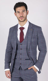 Mens Marc Darcy Blue Grey Red Check Blazer Smart Casual Tweed Slim Fit Drake