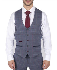Mens Marc Darcy Blue Grey Red Check Waistcoat Smart Casual Tweed Slim Fit Drake