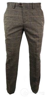 Dx-7 - Men's Tweed Check Trouser Herringbone Tan Brown Regular