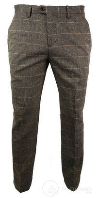 Dx-7 - Men's Tweed Check Trouser Herringbone Tan Brown Regular